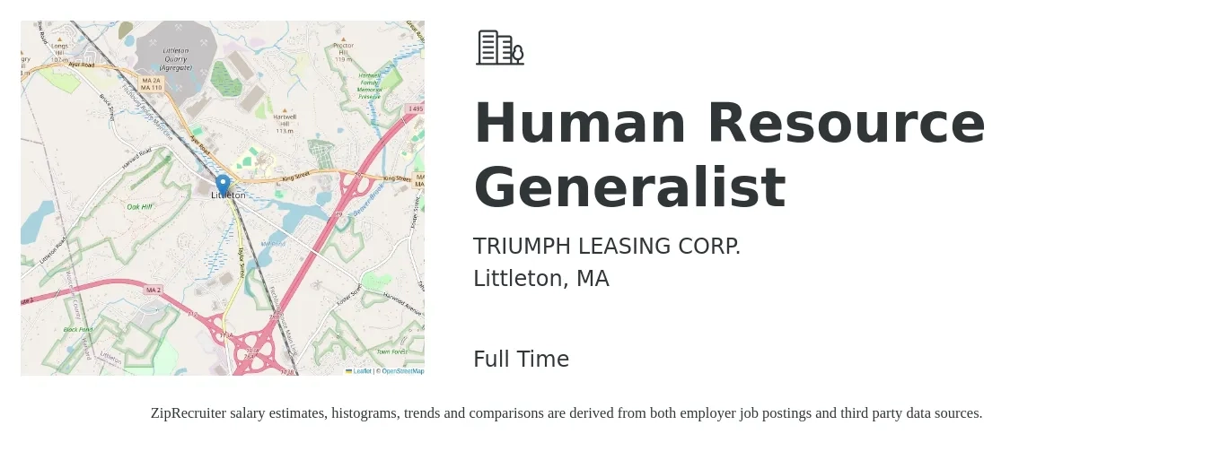 TRIUMPH LEASING CORP. job posting for a Human Resource Generalist in Littleton, MA with a salary of $53,100 to $75,600 Yearly with a map of Littleton location.
