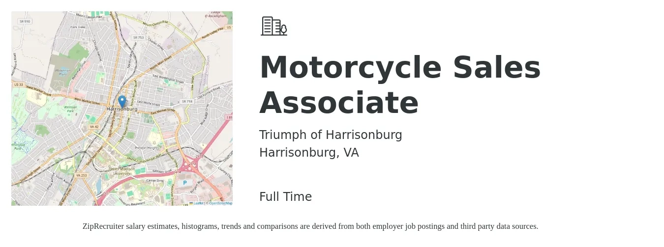 Triumph of Harrisonburg job posting for a Motorcycle Sales Associate in Harrisonburg, VA with a salary of $15 to $23 Hourly with a map of Harrisonburg location.