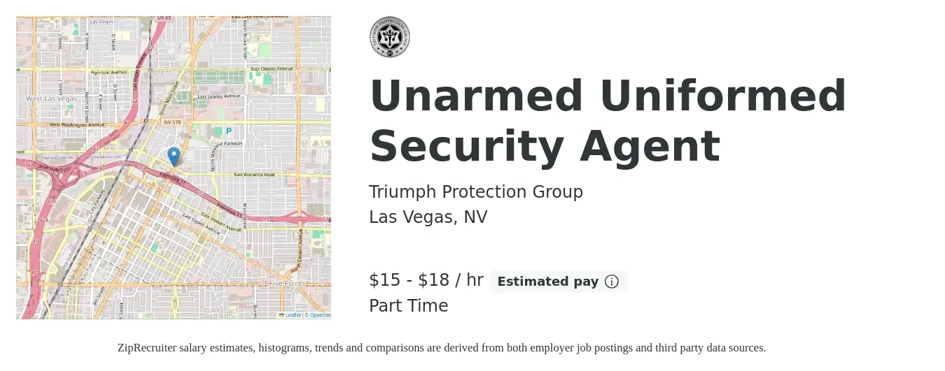Triumph Protection Group job posting for a Unarmed Uniformed Security Agent in Las Vegas, NV with a salary of $16 to $19 Hourly with a map of Las Vegas location.
