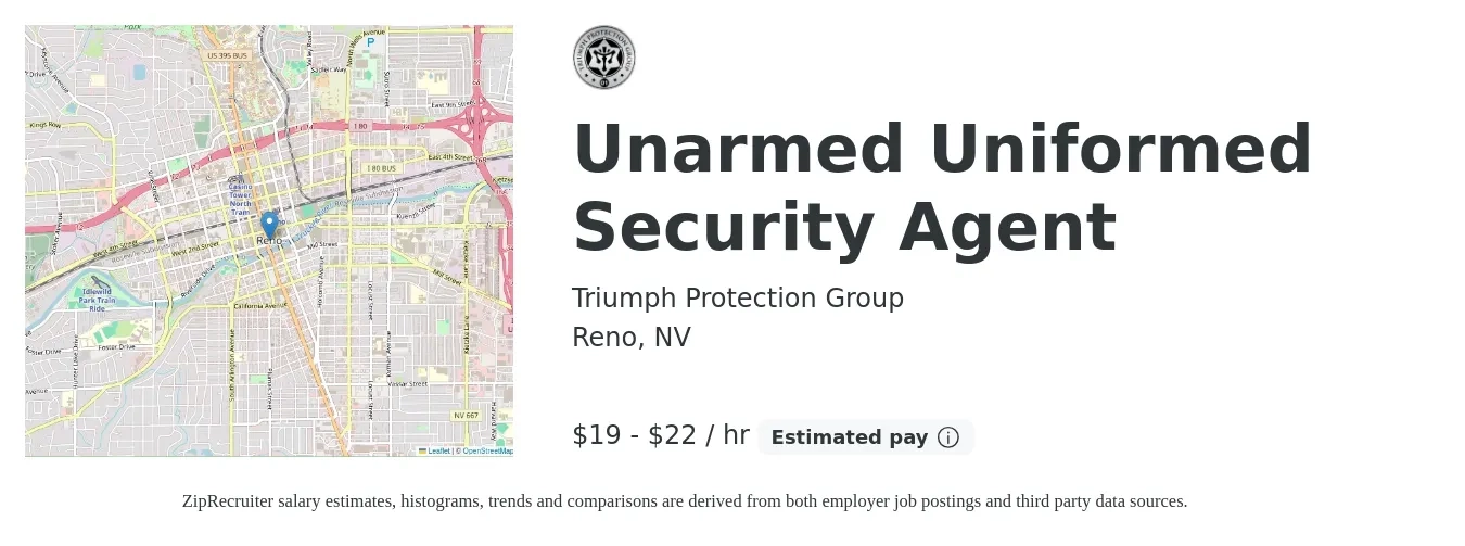 Triumph Protection Group job posting for a Unarmed Uniformed Security Agent in Reno, NV with a salary of $20 to $23 Hourly with a map of Reno location.