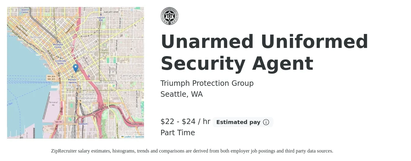 Triumph Protection Group job posting for a Unarmed Uniformed Security Agent in Seattle, WA with a salary of $20 to $23 Hourly with a map of Seattle location.