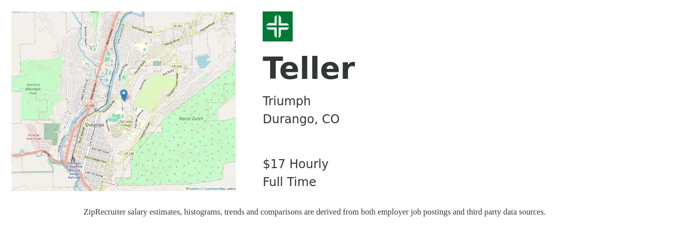 Triumph job posting for a Teller in Durango, CO with a salary of $18 Hourly with a map of Durango location.
