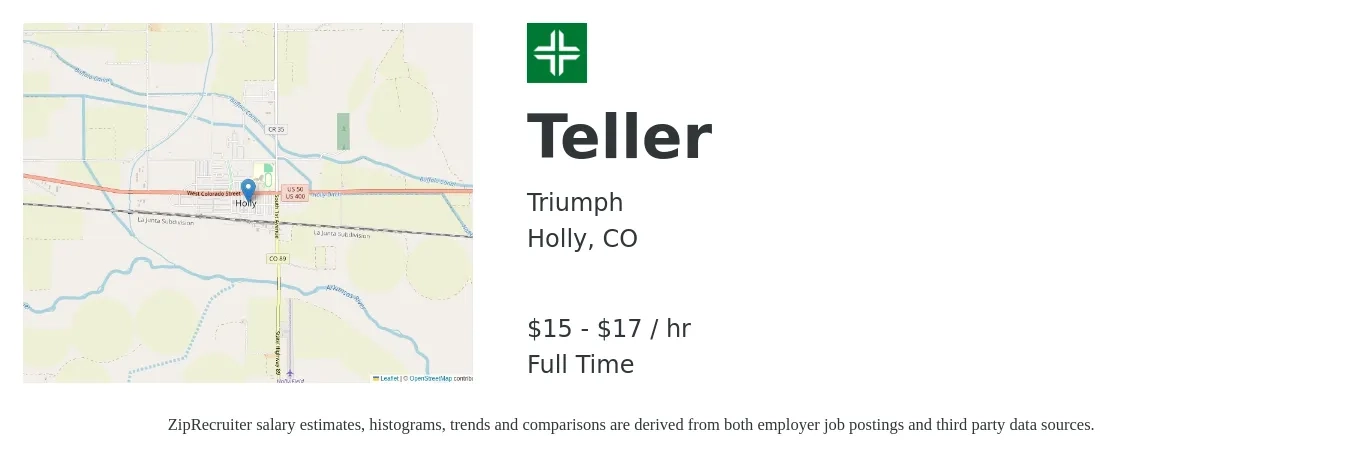 Triumph job posting for a Teller in Holly, CO with a salary of $16 to $19 Hourly with a map of Holly location.