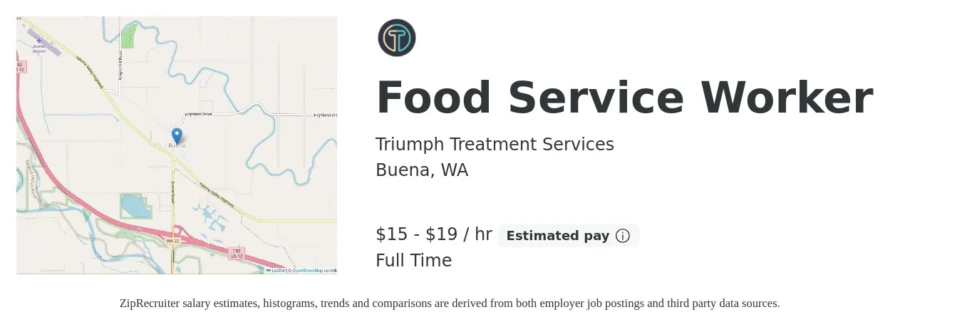Triumph Treatment Services job posting for a Food Service Worker in Buena, WA with a salary of $16 to $21 Hourly with a map of Buena location.