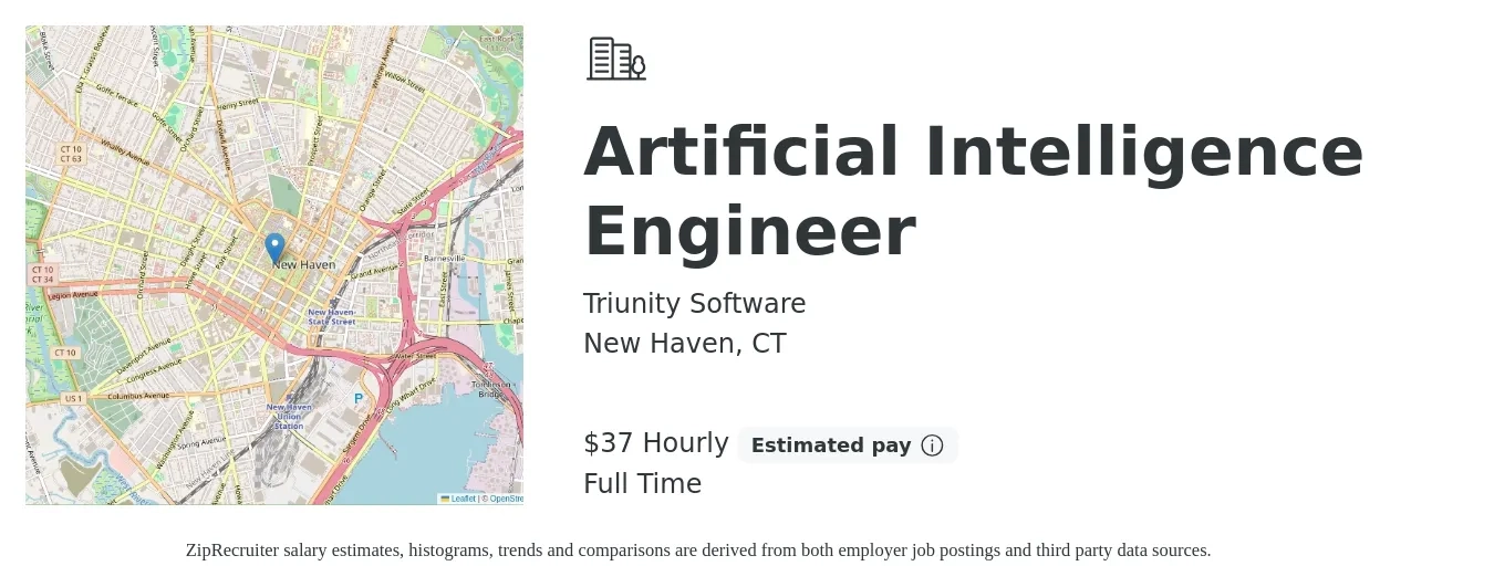 Triunity Software job posting for a Artificial Intelligence Engineer in New Haven, CT with a salary of $39 Hourly with a map of New Haven location.