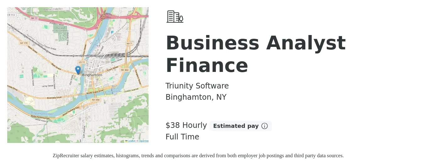Triunity Software job posting for a Business Analyst Finance in Binghamton, NY with a salary of $40 Hourly with a map of Binghamton location.