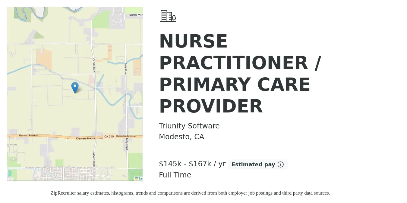 Triunity Software job posting for a NURSE PRACTITIONER / PRIMARY CARE PROVIDER in Modesto, CA with a salary of $145,000 to $167,000 Yearly with a map of Modesto location.