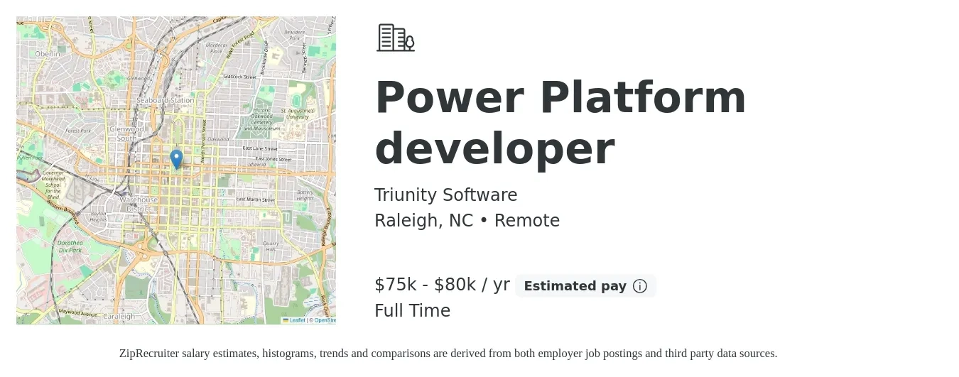 Triunity Software job posting for a Power Platform developer in Raleigh, NC with a salary of $75,000 to $80,000 Yearly with a map of Raleigh location.