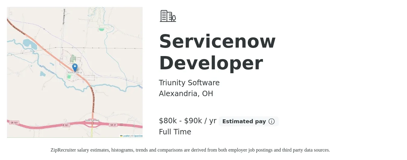 Triunity Software job posting for a Servicenow Developer in Alexandria, OH with a salary of $80,000 to $90,000 Yearly with a map of Alexandria location.