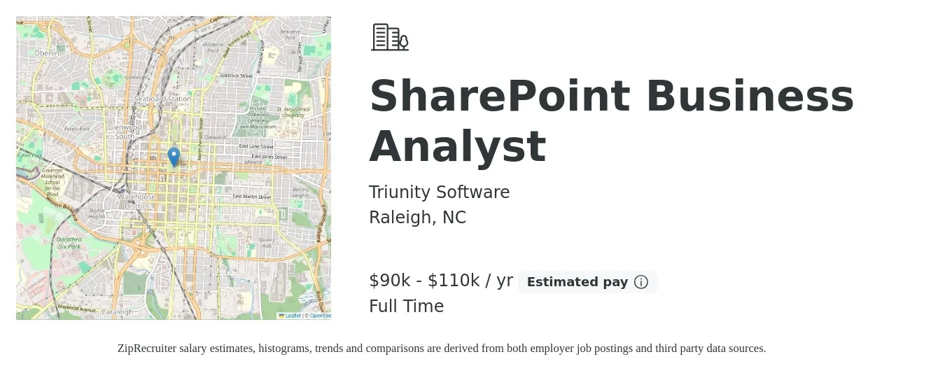 Triunity Software job posting for a SharePoint Business Analyst in Raleigh, NC with a salary of $90,000 to $110,000 Yearly with a map of Raleigh location.