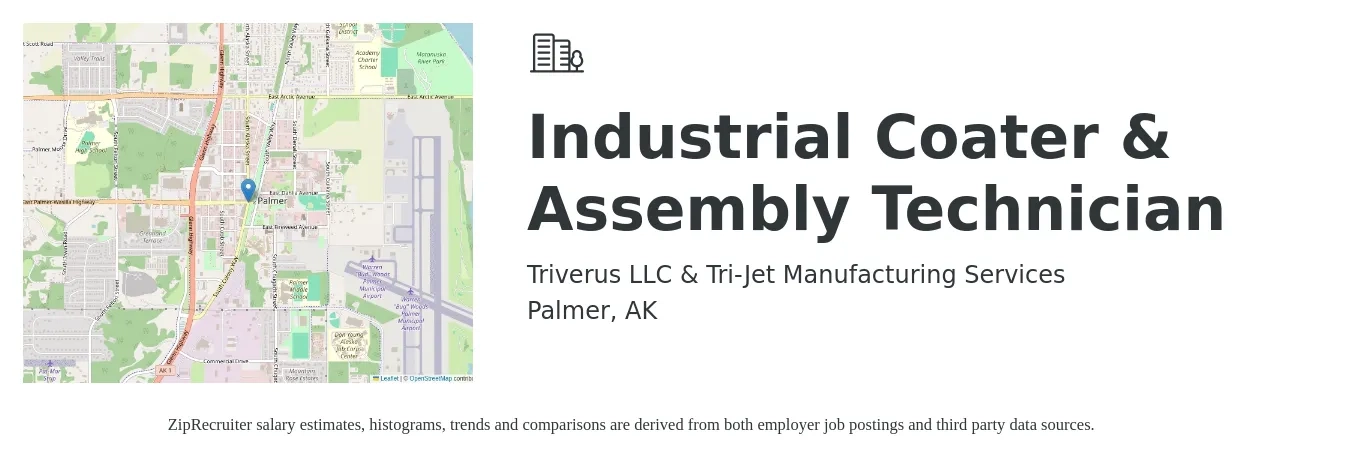 Triverus LLC & Tri-Jet Manufacturing Services job posting for a Industrial Coater & Assembly Technician in Palmer, AK with a salary of $33 to $38 Hourly with a map of Palmer location.