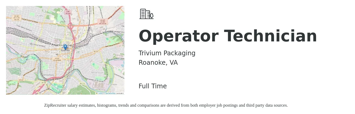 Trivium Packaging job posting for a Operator Technician in Roanoke, VA with a salary of $22 Hourly with a map of Roanoke location.