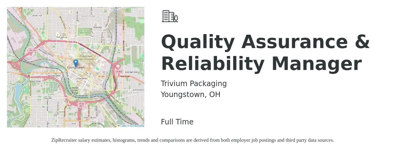 Trivium Packaging job posting for a Quality Assurance & Reliability Manager in Youngstown, OH with a salary of $78,000 to $135,800 Yearly with a map of Youngstown location.