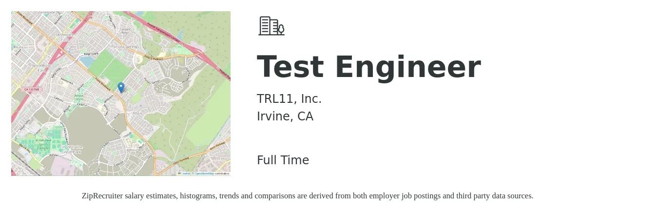 TRL11, Inc. job posting for a Test Engineer in Irvine, CA with a salary of $37 to $58 Hourly with a map of Irvine location.