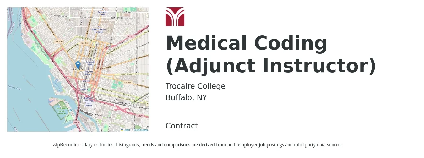 Trocaire College job posting for a Medical Coding (Adjunct Instructor) in Buffalo, NY with a salary of $23 to $29 Hourly with a map of Buffalo location.