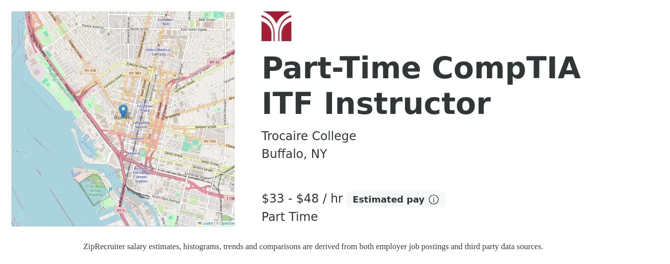 Trocaire College job posting for a Part-Time CompTIA ITF Instructor in Buffalo, NY with a salary of $35 to $50 Hourly with a map of Buffalo location.