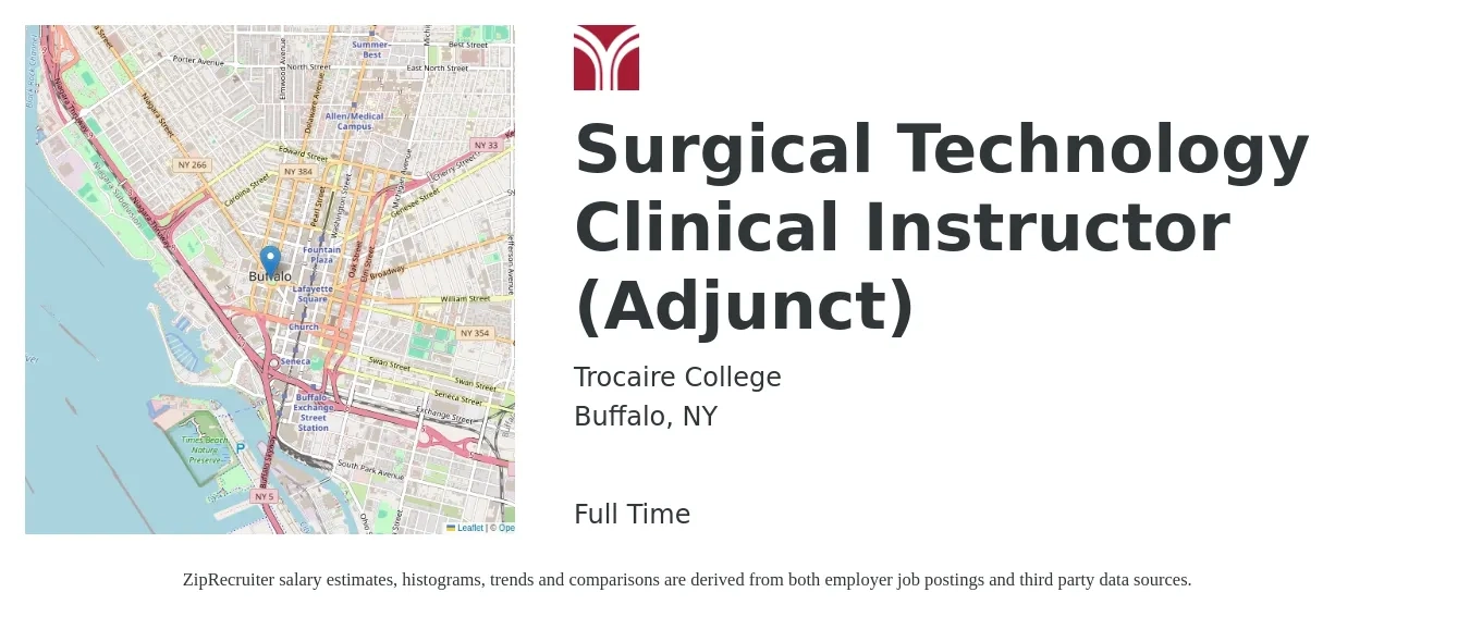 Trocaire College job posting for a Surgical Technology Clinical Instructor (Adjunct) in Buffalo, NY with a salary of $40 to $50 Hourly with a map of Buffalo location.