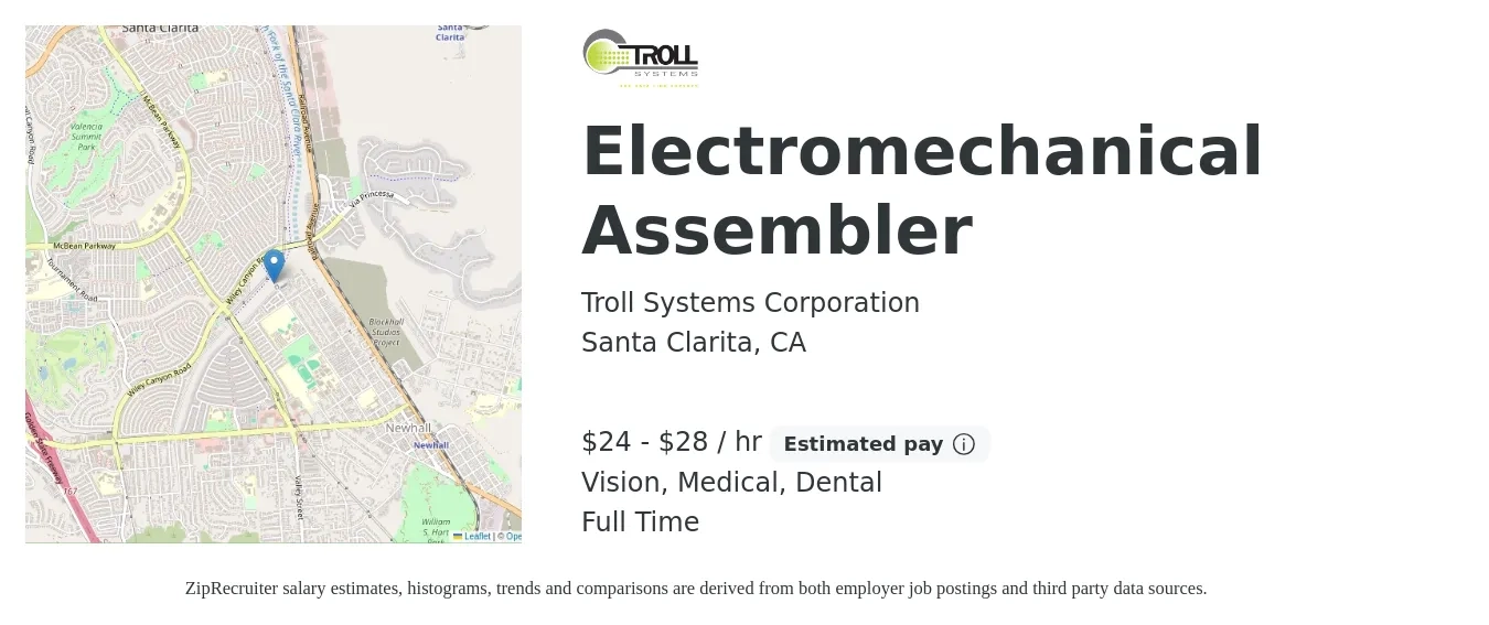 Troll Systems Corporation job posting for a Electromechanical Assembler in Santa Clarita, CA with a salary of $25 to $30 Hourly and benefits including pto, retirement, vision, dental, life_insurance, and medical with a map of Santa Clarita location.