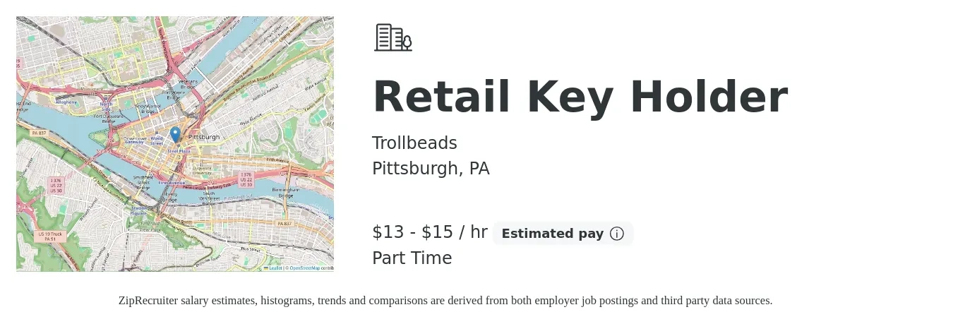 Trollbeads job posting for a Retail Key Holder in Pittsburgh, PA with a salary of $14 to $16 Hourly and benefits including pto with a map of Pittsburgh location.