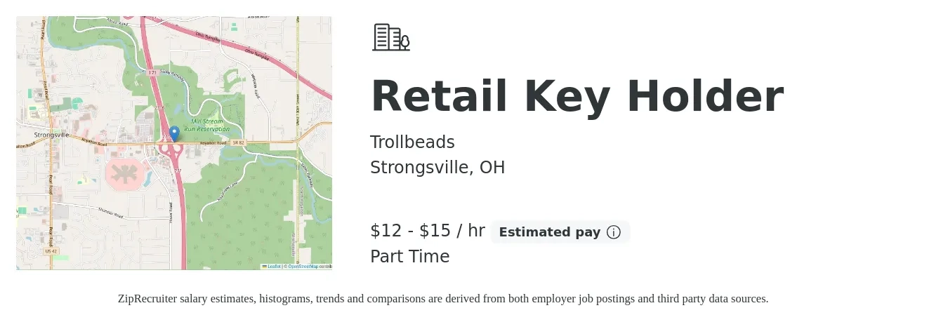 Trollbeads job posting for a Retail Key Holder in Strongsville, OH with a salary of $13 to $16 Hourly and benefits including pto with a map of Strongsville location.