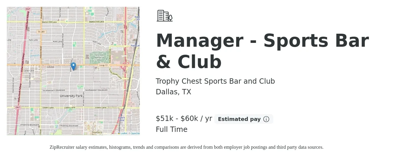 Trophy Chest Sports Bar and Club job posting for a Manager - Sports Bar & Club in Dallas, TX with a salary of $51,000 to $60,000 Yearly with a map of Dallas location.