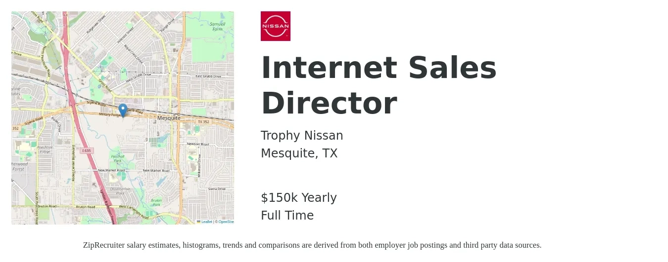 Trophy Nissan job posting for a Internet Sales Director in Mesquite, TX with a salary of $150,000 Yearly with a map of Mesquite location.