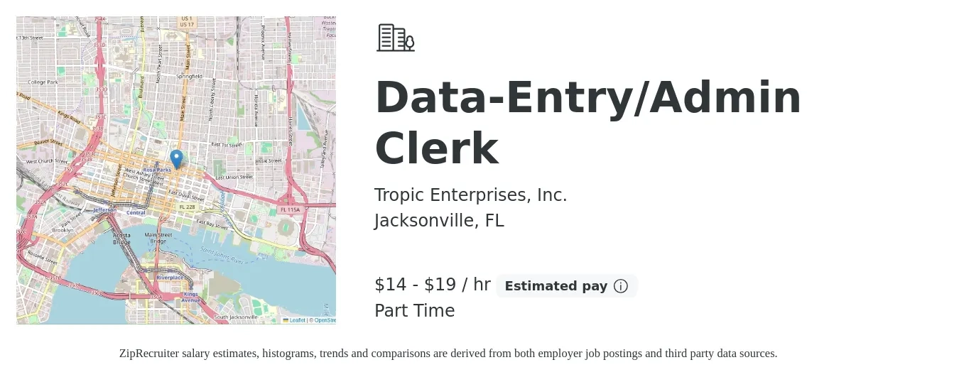 Tropic Enterprises, Inc. job posting for a Data-Entry/Admin Clerk in Jacksonville, FL with a salary of $15 to $20 Hourly with a map of Jacksonville location.