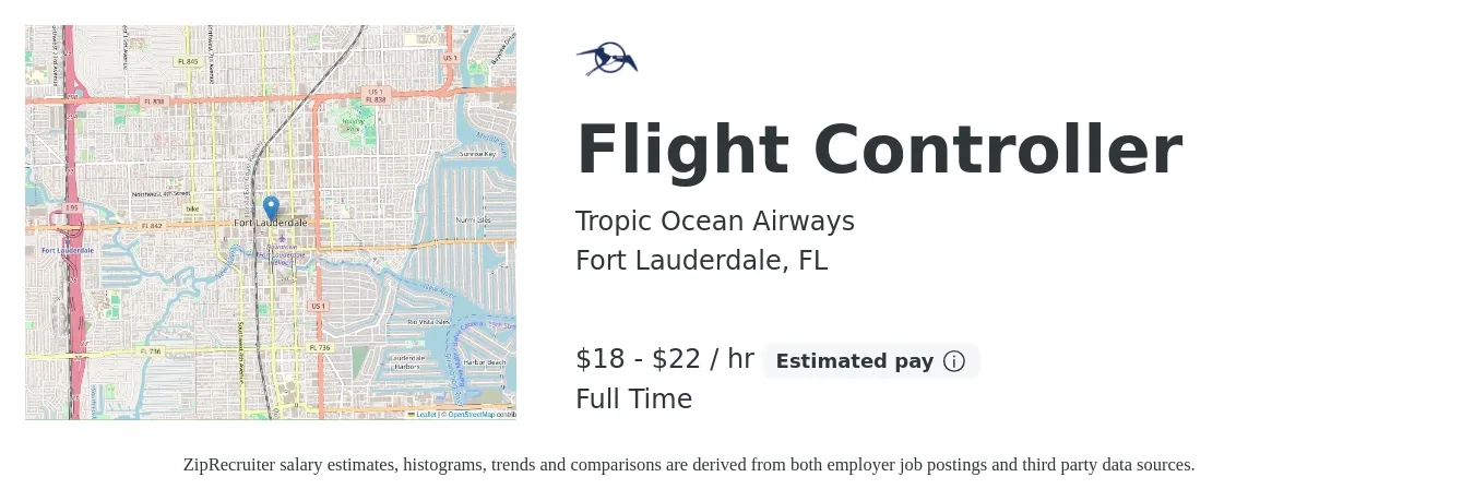 Tropic Ocean Airways job posting for a Flight Controller in Fort Lauderdale, FL with a salary of $19 to $23 Hourly with a map of Fort Lauderdale location.