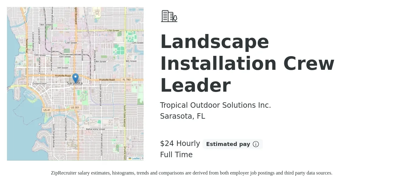 Tropical Outdoor Solutions Inc. job posting for a Landscape Installation Crew Leader in Sarasota, FL with a salary of $25 Hourly with a map of Sarasota location.