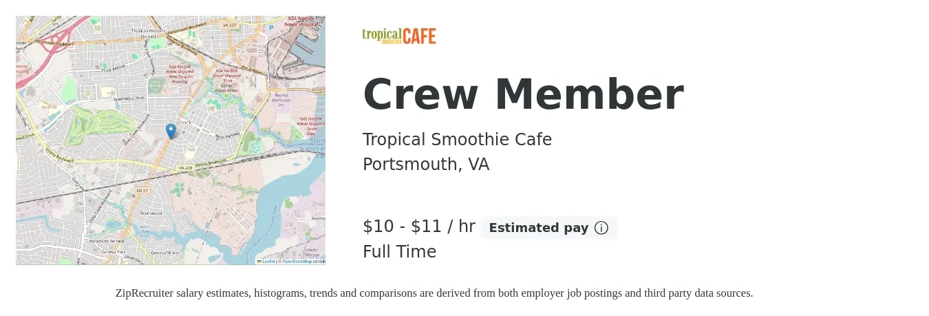 Tropical Smoothie Cafe job posting for a Crew Member in Portsmouth, VA with a salary of $11 to $12 Hourly with a map of Portsmouth location.