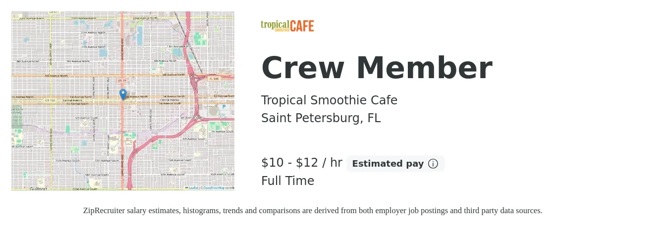 Tropical Smoothie Cafe job posting for a Crew Member in Saint Petersburg, FL with a salary of $10 to $12 Hourly with a map of Saint Petersburg location.