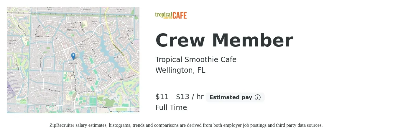 Tropical Smoothie Cafe job posting for a Crew Member in Wellington, FL with a salary of $12 to $14 Hourly with a map of Wellington location.