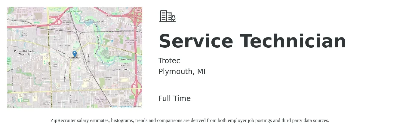 Trotec job posting for a Service Technician in Plymouth, MI with a salary of $19 to $26 Hourly with a map of Plymouth location.