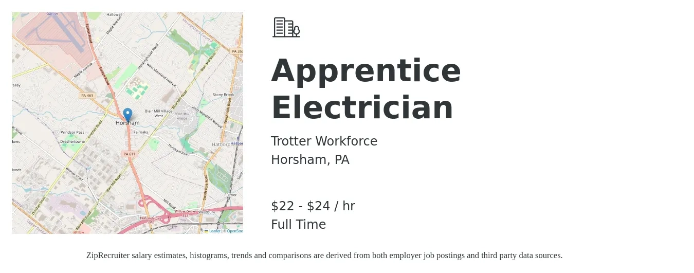 Trotter Workforce job posting for a Apprentice Electrician in Horsham, PA with a salary of $23 to $25 Hourly with a map of Horsham location.