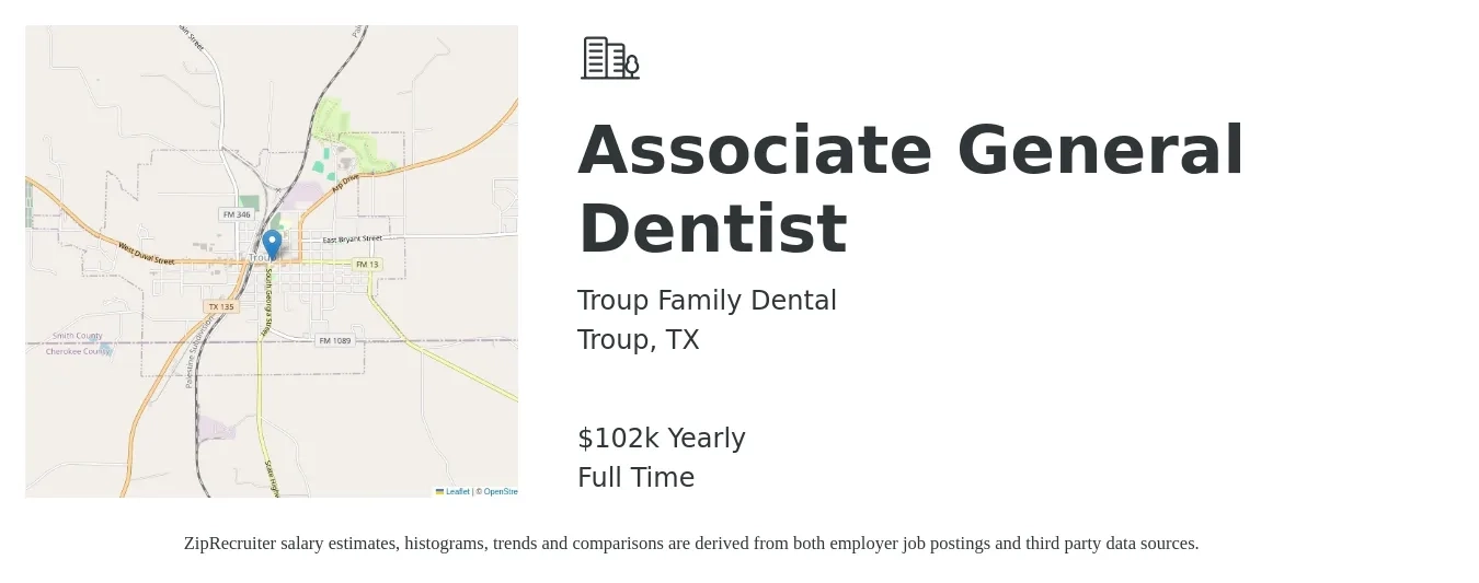 Troup Family Dental job posting for a Associate General Dentist in Troup, TX with a salary of $102,260 Yearly with a map of Troup location.