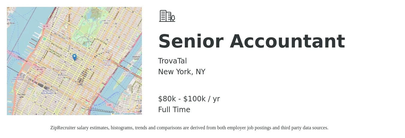 TrovaTal job posting for a Senior Accountant in New York, NY with a salary of $80,000 to $100,000 Yearly with a map of New York location.