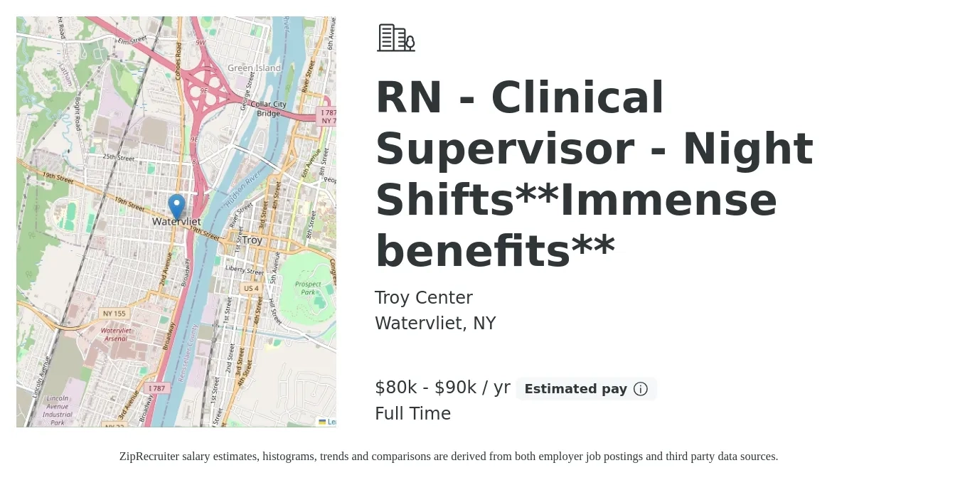 Troy Center job posting for a RN - Clinical Supervisor - Night Shifts**Immense benefits** in Watervliet, NY with a salary of $80,000 to $90,000 Yearly with a map of Watervliet location.