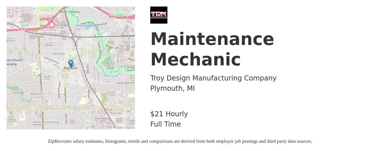 Troy Design Manufacturing Company job posting for a Maintenance Mechanic in Plymouth, MI with a salary of $23 Hourly with a map of Plymouth location.