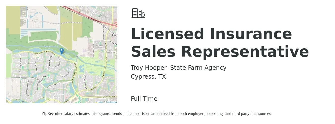 Troy Hooper- State Farm Agency job posting for a Licensed Insurance Sales Representative in Cypress, TX with a salary of $39,300 to $97,300 Yearly with a map of Cypress location.