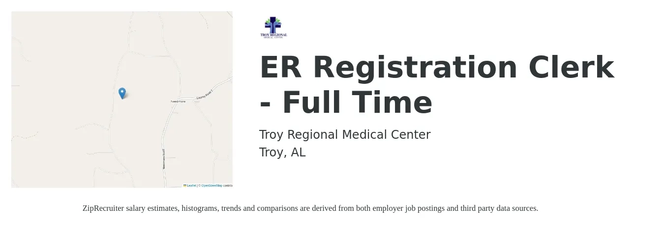 Troy Regional Medical Center job posting for a ER Registration Clerk - Full Time in Troy, AL with a salary of $14 to $16 Hourly with a map of Troy location.
