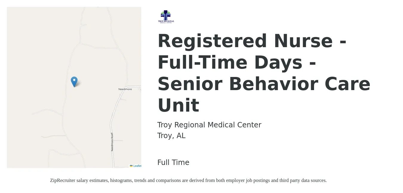 Troy Regional Medical Center job posting for a Registered Nurse - Full-Time Days - Senior Behavior Care Unit in Troy, AL with a map of Troy location.