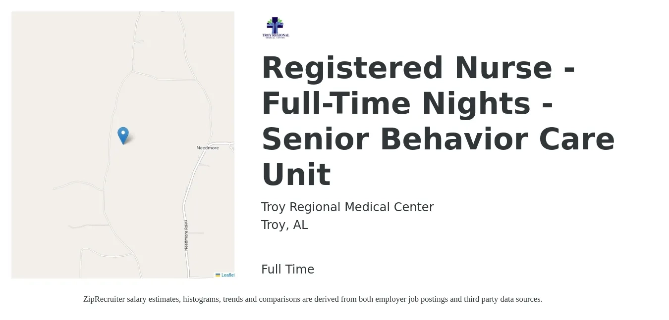 Troy Regional Medical Center job posting for a Registered Nurse - Full-Time Nights - Senior Behavior Care Unit in Troy, AL with a map of Troy location.