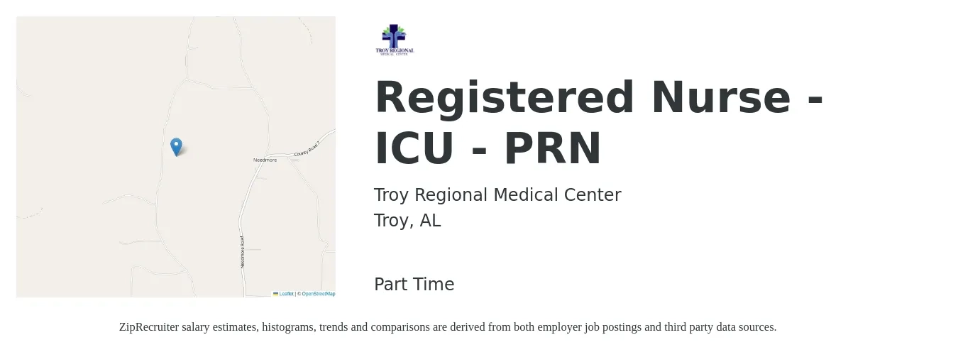 Troy Regional Medical Center job posting for a Registered Nurse - ICU - PRN in Troy, AL with a salary of $1,580 to $2,220 Weekly with a map of Troy location.