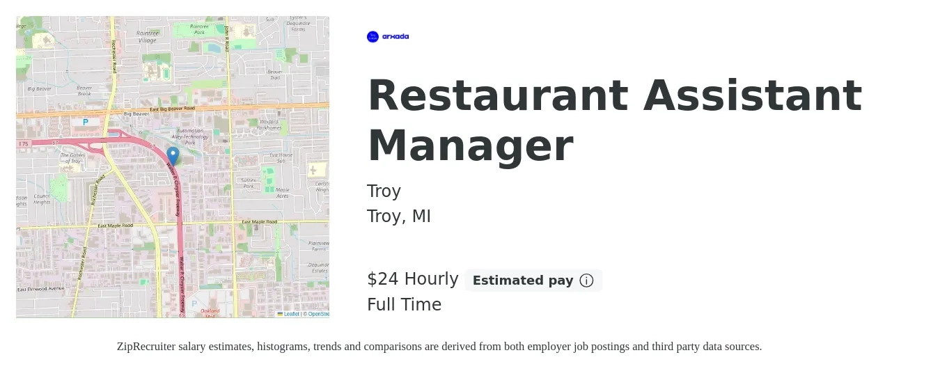 Troy job posting for a Restaurant Assistant Manager in Troy, MI with a salary of $25 Hourly with a map of Troy location.