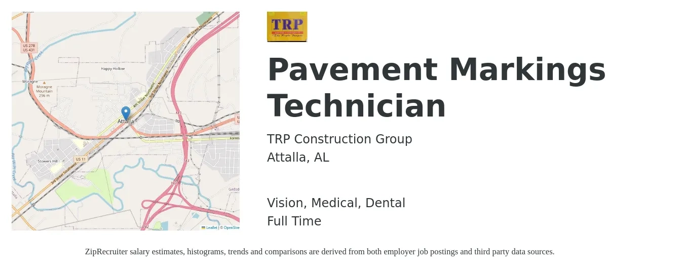 TRP Construction Group job posting for a Pavement Markings Technician in Attalla, AL with a salary of $1,093 to $1,650 Weekly and benefits including medical, vision, dental, and life_insurance with a map of Attalla location.
