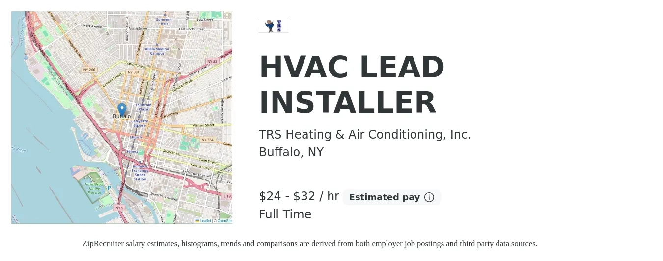 TRS Heating & Air Conditioning, Inc. job posting for a HVAC LEAD INSTALLER in Buffalo, NY with a salary of $25 to $34 Hourly with a map of Buffalo location.