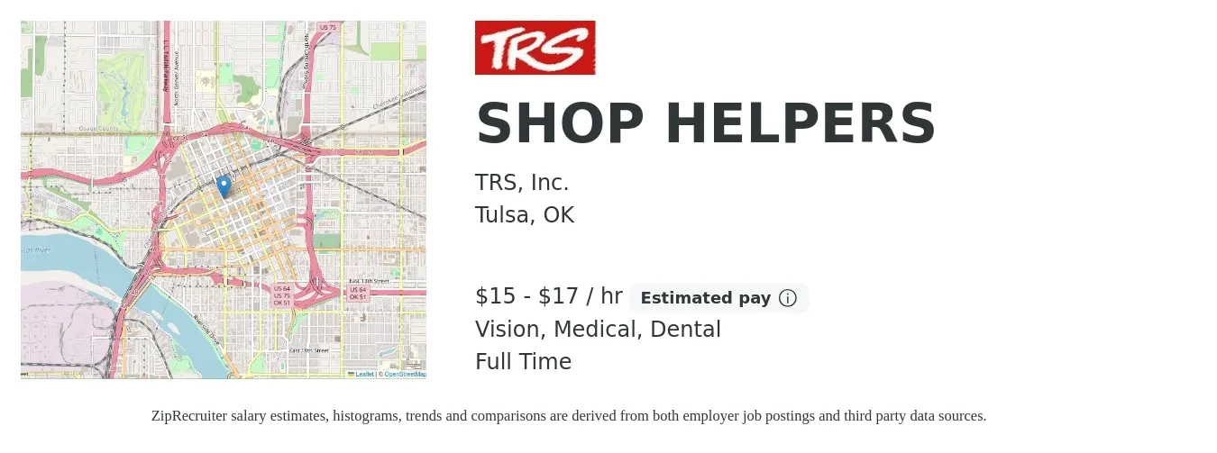 TRS, Inc. job posting for a SHOP HELPERS in Tulsa, OK with a salary of $16 to $18 Hourly and benefits including dental, medical, retirement, and vision with a map of Tulsa location.