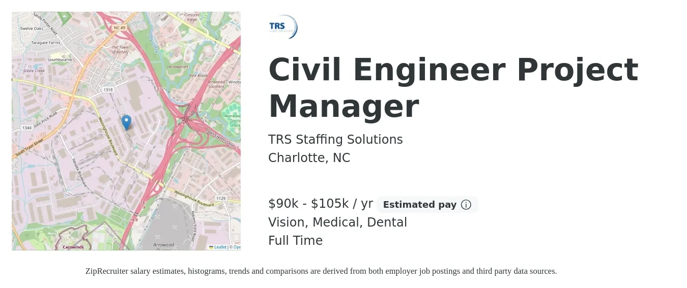 TRS Staffing Solutions job posting for a Civil Engineer Project Manager in Charlotte, NC with a salary of $90,000 to $105,000 Yearly and benefits including dental, life_insurance, medical, pto, retirement, and vision with a map of Charlotte location.