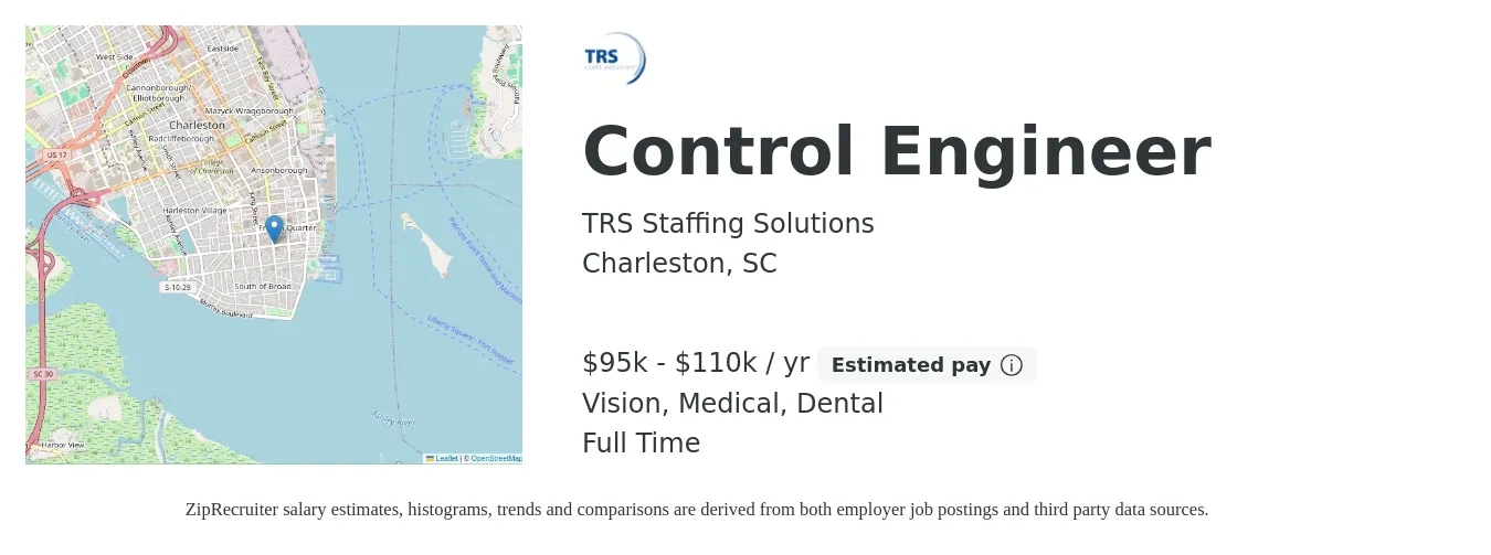 TRS Staffing Solutions job posting for a Control Engineer in Charleston, SC with a salary of $95,000 to $110,000 Yearly and benefits including medical, pto, retirement, vision, dental, and life_insurance with a map of Charleston location.