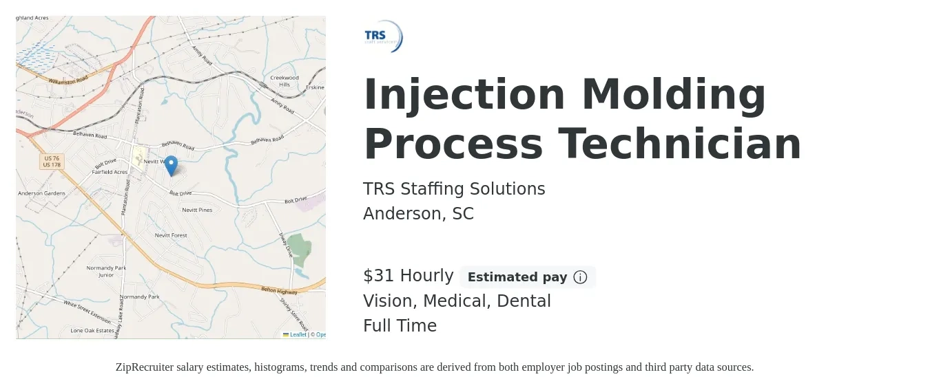 TRS Staffing Solutions job posting for a Injection Molding Process Technician in Anderson, SC with a salary of $33 Hourly and benefits including life_insurance, medical, pto, retirement, vision, and dental with a map of Anderson location.